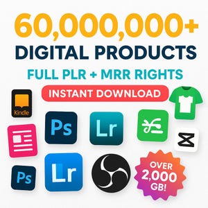 Può includere: Una grafica colorata con il testo "60.000.000+ PRODOTTI DIGITALI DIRITTI PLR + MRR DOWNLOAD IMMEDIATO" e icone per Kindle, Photoshop, Lightroom, Adobe Premiere Pro e altro ancora. La grafica include anche il testo "OLTRE 2.000 GB!"