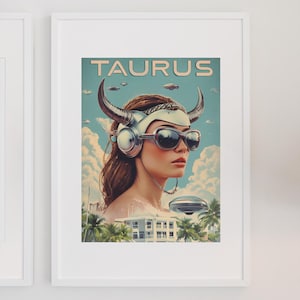 Retro-Futuristic Zodiac Sign Woman – Vintage Astrology Taurus Art Print Poster, Digital Decor