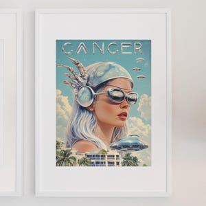 Retro-Futuristic Zodiac Sign Woman – Vintage Astrology Cancer Art Print Poster, Digital Decor