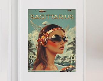Retro-Futuristic Zodiac Sign Woman – Vintage Astrology Sagittarius Art Print Poster, Digital Decor
