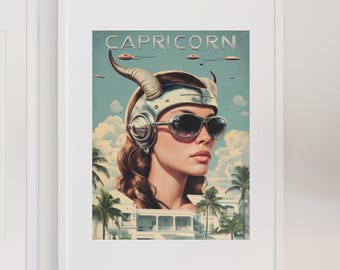 Retro-Futuristic Zodiac Sign Woman – Vintage Astrology Capricorn Art Print Poster, Digital Decor
