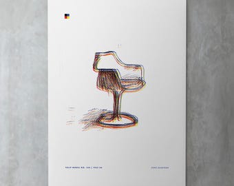 May include: A line drawing of a chair with a tulip base. The chair is drawn in multiple colors, including red, blue, and yellow. The text "TULIP MODEL NO. 130 | 1955-56" and "EERO SAARINEN" are at the bottom of the image.