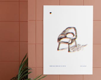 May include: A black and white line drawing of a chair on a white background. The drawing is in a minimalist style and the chair has a unique, curved design. The text "WOOD CHAIR, MODEL NO. 70 | 1947-48" and "ERRO SAARINEN" are printed below the chair.