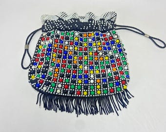1960s Vintage Beaded Cinch Bag: Black Fabric With Pastel Beads - Etsy display picture 1