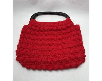 Vtg 80s Handmade Handbag Purse Handle Red Boho Crochet Bag Festival Grannycore
