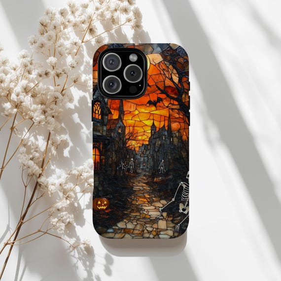 Stained Glass Halloween Village Phone Case, Haunted Town Street, Gothic Aesthetic MagSafe iPhone 17 Pro Max, 16, 15, 14, 13