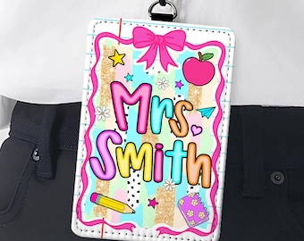 Personalized Preppy Teacher ID Badge Holder, Lanyard Accessory for Educator, Back To School Gift, Custom School Composition Supply Theme