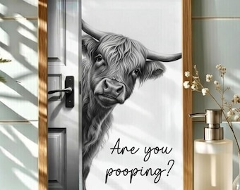Funny B&W Highland Cow Bathroom Decor, Are You Pooping Canvas Wall Art, Funny Bathroom Decor, Farmhouse Home Decor, Housewarming Gift