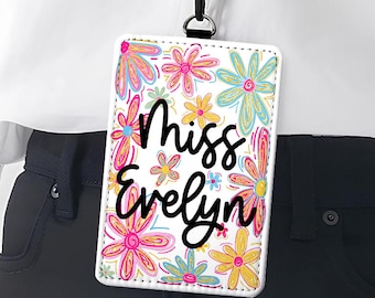 Preppy Floral Teacher ID Badge Holder, Lanyard Accessory for Educator, Personalized Back To School Gift,Custom ID Holder School Supply Theme