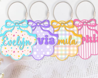 Personalized Kids Floral Name Tag Keychain, Custom Bow Acrylic Backpack Name Tag, Water Bottle Tag, Diaper Bag Name, Lunchbox Name Tag