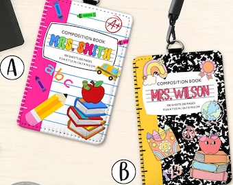 Personalized Teacher ID Badge Holder, Lanyard Accessory for Educator, Back To School Teacher Gift, Custom School Composition Supply Theme