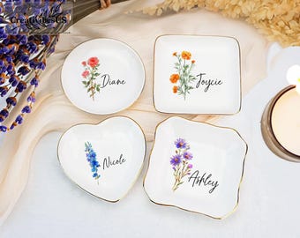 Personalised Birth Flower Trinket Dish, Custom Watercolor Flower Ring Dish, Birthday Jewelry Dish, Wedding Bridesmaid Gift For Her
