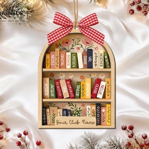 Custom Book Club Ornament, Christmas Bookshelf Wood Ornament, Book Lover Xmas Gift, Bookish Ornament image 6