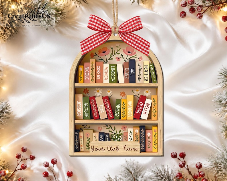 Custom Book Club Ornament, Christmas Bookshelf Wood Ornament, Book Lover Xmas Gift, Bookish Ornament image 6