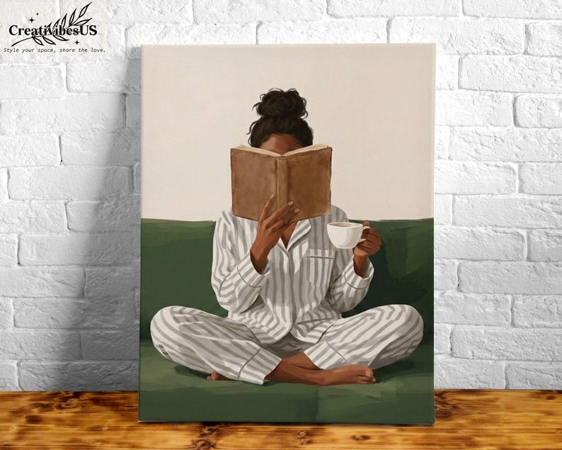 Minimalist Woman Reading Book Print, Bookish Wall Art, Black Woman Reading Poster, Book Lover Canvas, Black Girl Home Decor image 13
