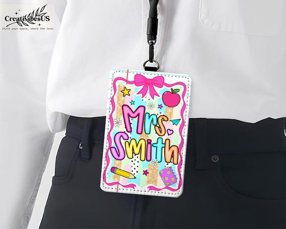 Personalized Preppy Teacher ID Badge Holder, Lanyard Accessory for Educator, Back To School Gift, Custom School Composition Supply Theme