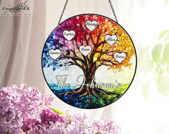 Personalized Family Tree Suncatcher, Anniversary Gifts, Custom Suncatcher with Family Names, Gifts for Mom Dad, Tree Of Life Stained Glass