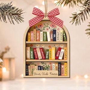 Custom Book Club Ornament, Christmas Bookshelf Wood Ornament, Book Lover Xmas Gift, Bookish Ornament image 2