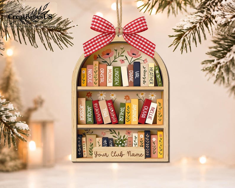 Custom Book Club Ornament, Christmas Bookshelf Wood Ornament, Book Lover Xmas Gift, Bookish Ornament image 2