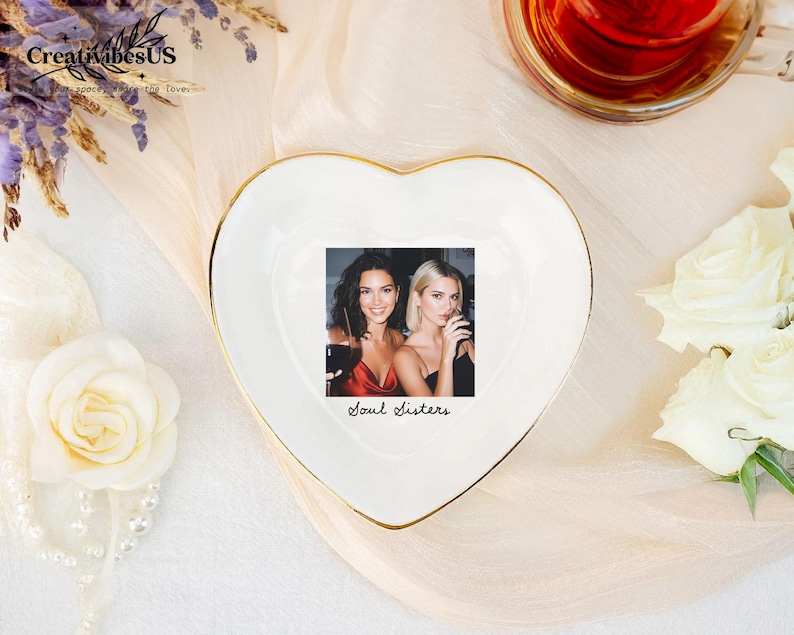 Personalized Bestie Photo Jewelry Dish: Ceramic Trinket Tray for Best Friend, Birthday Gifts For Bestie Tray - Heart