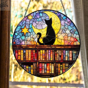 Black Cat And Book Stained Glass Suncatcher, Ghost Reading Book Suncatcher Ornament, Book Window Decor, Cat Lover Gift, Book Lover Gift