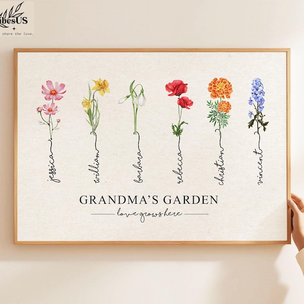 Impresión de flores de nacimiento en el jardín de la abuela, regalo para la abuela, Gigi y Mimi, póster en lienzo con ramo familiar, arte mural con los nombres de los nietos.