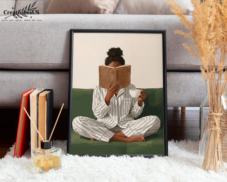 Minimalist Woman Reading Book Print, Bookish Wall Art, Black Woman Reading Poster, Book Lover Canvas, Black Girl Home Decor image 8