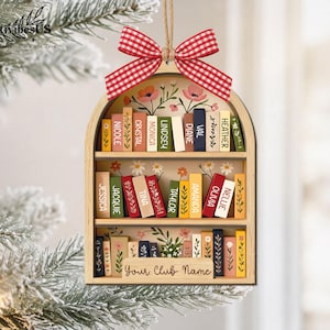 Custom Book Club Ornament, Christmas Bookshelf Wood Ornament, Book Lover Xmas Gift, Bookish Ornament image 3
