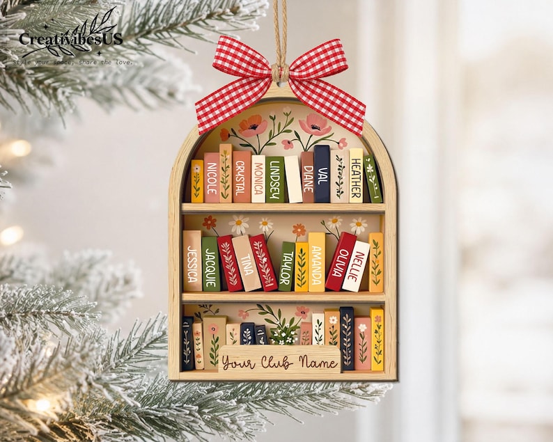 Custom Book Club Ornament, Christmas Bookshelf Wood Ornament, Book Lover Xmas Gift, Bookish Ornament image 3