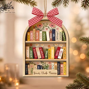 Custom Book Club Ornament, Christmas Bookshelf Wood Ornament, Book Lover Xmas Gift, Bookish Ornament image 5