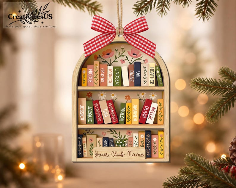 Custom Book Club Ornament, Christmas Bookshelf Wood Ornament, Book Lover Xmas Gift, Bookish Ornament image 5