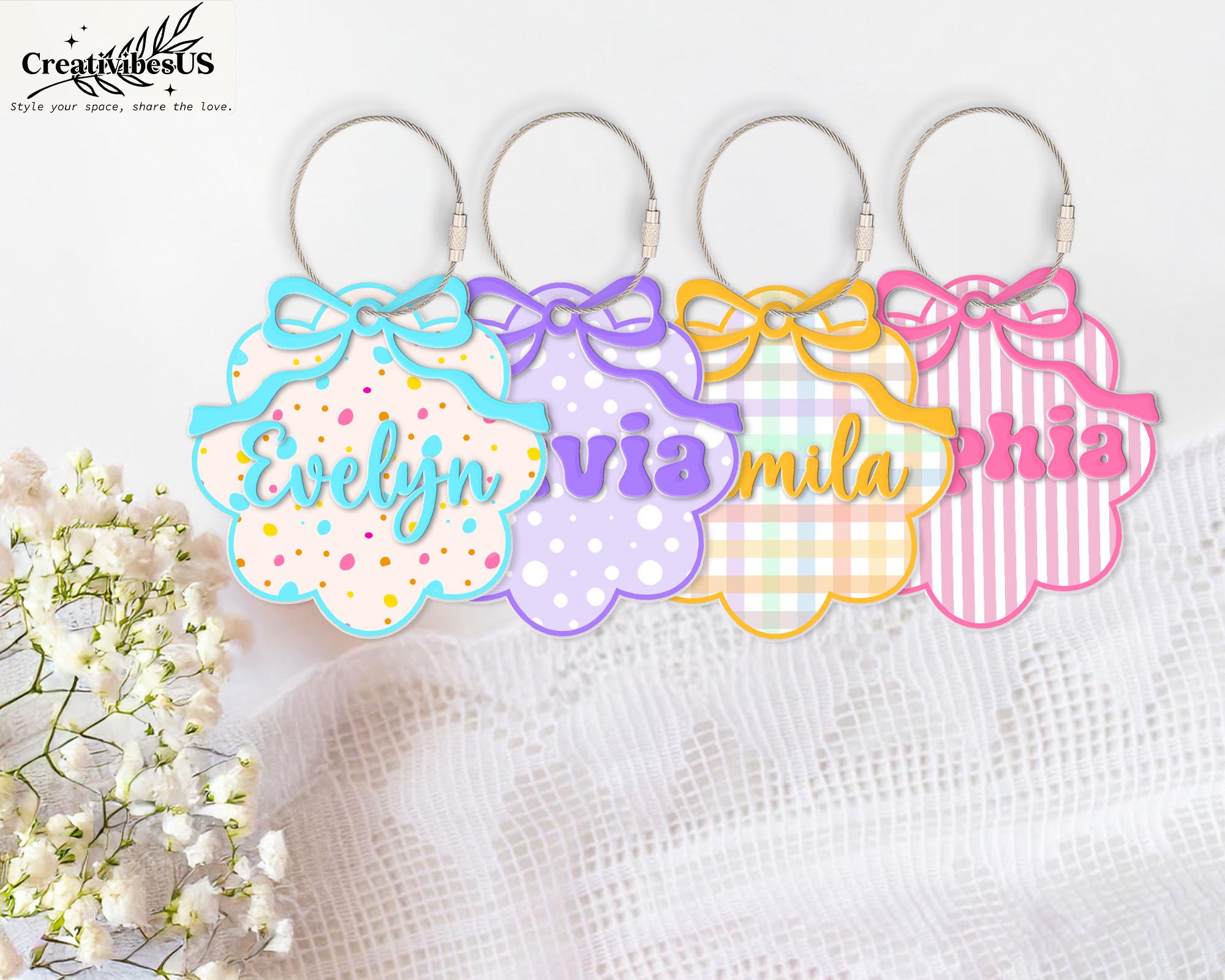 Personalized Kids Floral Name Tag Keychain, Custom Bow Acrylic Backpack Name Tag, Water Bottle Tag, Diaper Bag Name, Lunchbox Name Tag