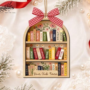 Custom Book Club Ornament, Christmas Bookshelf Wood Ornament, Book Lover Xmas Gift, Bookish Ornament image 4