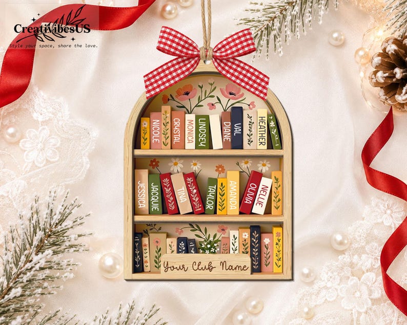 Custom Book Club Ornament, Christmas Bookshelf Wood Ornament, Book Lover Xmas Gift, Bookish Ornament image 4