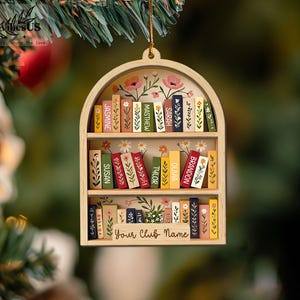 Custom Book Club Ornament, Christmas Bookshelf Wood Ornament, Book Lover Xmas Gift, Bookish Ornament image 11