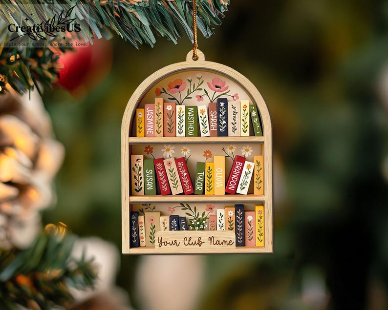 Custom Book Club Ornament, Christmas Bookshelf Wood Ornament, Book Lover Xmas Gift, Bookish Ornament image 11