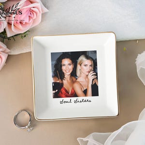 Personalized Bestie Photo Jewelry Dish: Ceramic Trinket Tray for Best Friend, Birthday Gifts For Bestie Tray - Square