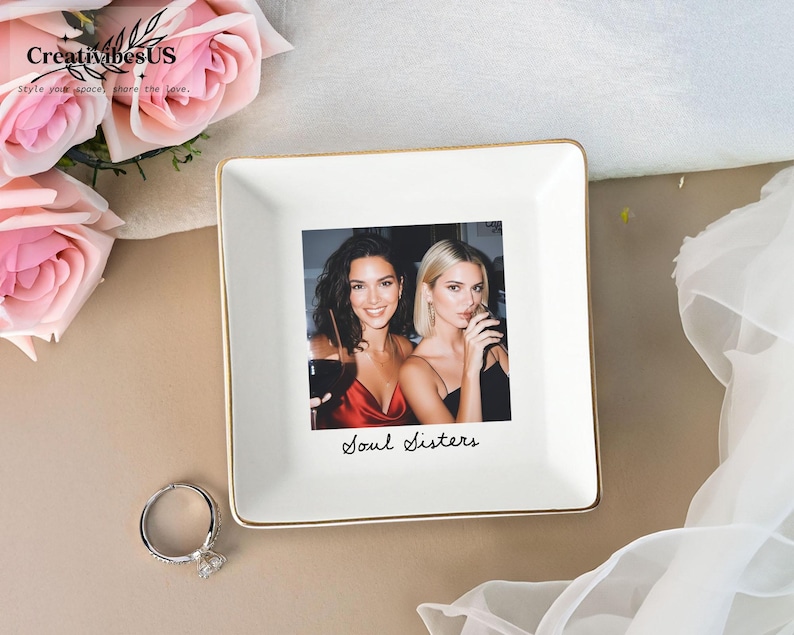 Personalized Bestie Photo Jewelry Dish: Ceramic Trinket Tray for Best Friend, Birthday Gifts For Bestie Tray - Square