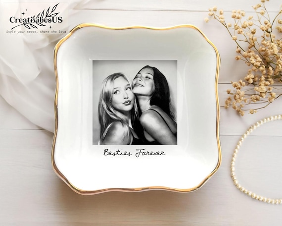 Personalized Bestie Photo Jewelry Dish: Ceramic Trinket Tray for Best Friend, Birthday Gifts For Bestie, Ring Plate Gift For Her