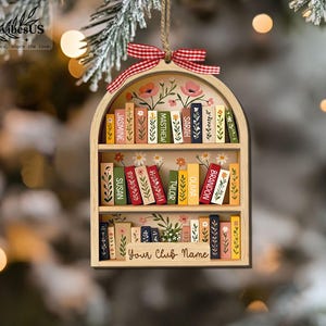 Custom Book Club Ornament, Christmas Bookshelf Wood Ornament, Book Lover Xmas Gift, Bookish Ornament image 7