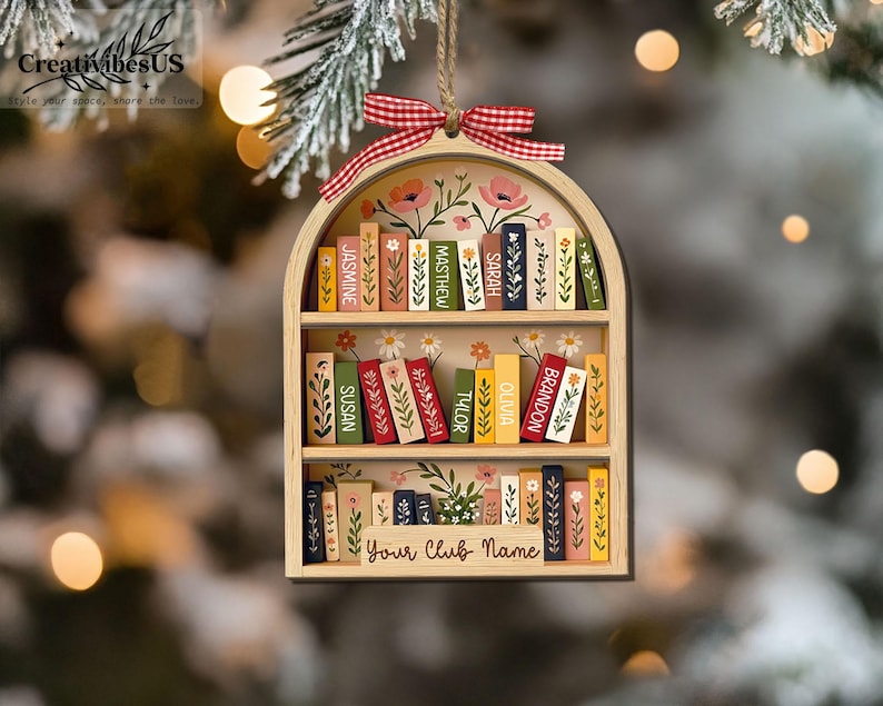 Custom Book Club Ornament, Christmas Bookshelf Wood Ornament, Book Lover Xmas Gift, Bookish Ornament image 7