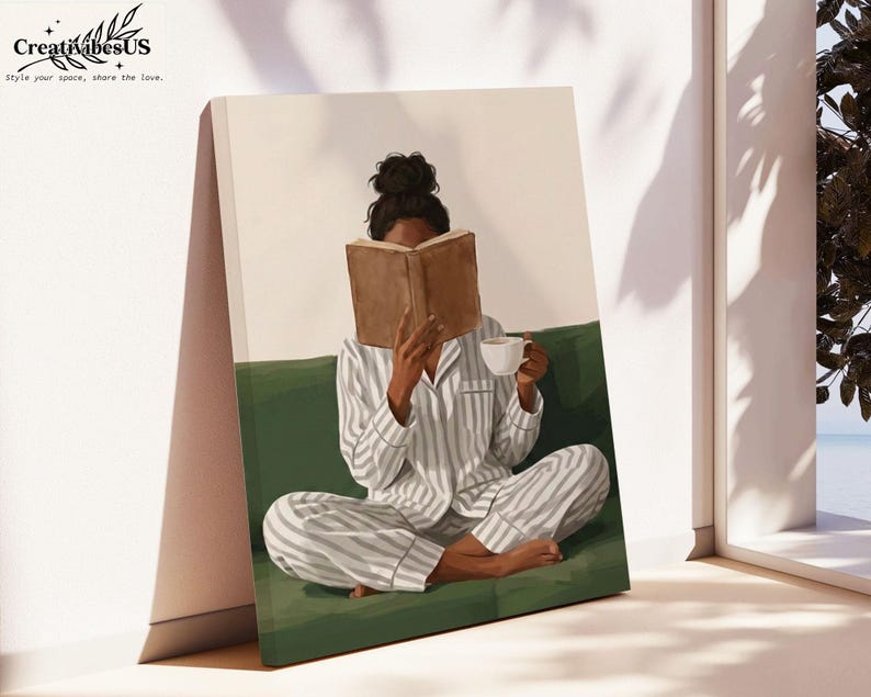 Minimalist Woman Reading Book Print, Bookish Wall Art, Black Woman Reading Poster, Book Lover Canvas, Black Girl Home Decor image 12