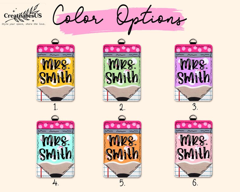 K&ouml;nnte beinhalten: Sechs bleistiftf&ouml;rmige Schl&uuml;sselanh&auml;nger, jeder mit dem Namen "Mrs. Smith" in einem anderen Farbschema. Die Schl&uuml;sselanh&auml;nger haben eine rosa Oberseite mit wei&szlig;en Punkten, eine gelbe, gr&uuml;ne, lila, t&uuml;rkisfarbene, orange oder rosa Mitte und eine graue Bleistiftspitze.