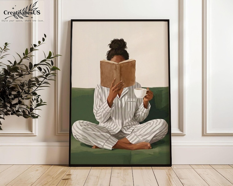 Minimalist Woman Reading Book Print, Bookish Wall Art, Black Woman Reading Poster, Book Lover Canvas, Black Girl Home Decor image 7