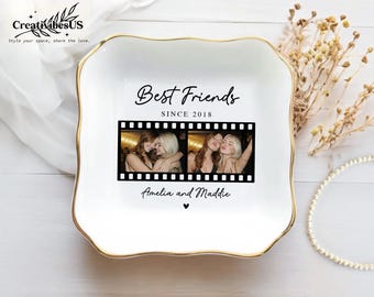 Personalized Bestie Photo Strip Jewelry Dish, Trinket Tray for Best Friend, Friendship Gifts