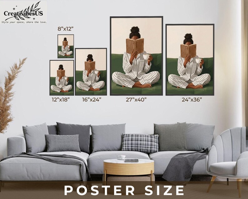Minimalist Woman Reading Book Print, Bookish Wall Art, Black Woman Reading Poster, Book Lover Canvas, Black Girl Home Decor image 5