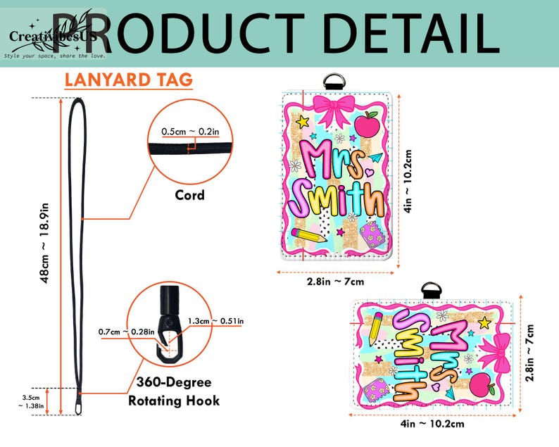 May include: A lanyard tag with the name "Mrs. Smith" in colorful letters, featuring a pink bow, apple, and pencil design. The tag is 4 inches by 2.8 inches, with a black cord and a 360-degree rotating hook.