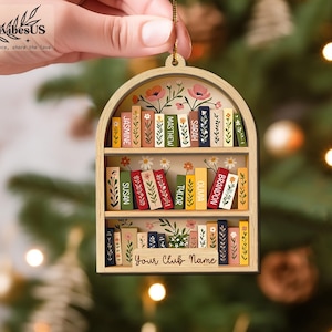 Custom Book Club Ornament, Christmas Bookshelf Wood Ornament, Book Lover Xmas Gift, Bookish Ornament image 8