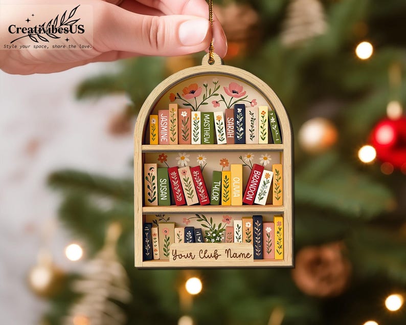Custom Book Club Ornament, Christmas Bookshelf Wood Ornament, Book Lover Xmas Gift, Bookish Ornament image 8