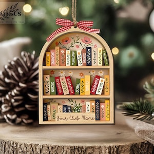 Custom Book Club Ornament, Christmas Bookshelf Wood Ornament, Book Lover Xmas Gift, Bookish Ornament image 9